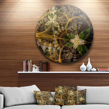 Green Gold Digital Art Fractal Flower - Floral Circle Metal Wall Decor